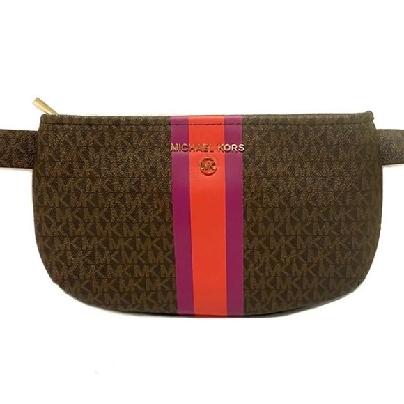 MICHAEL Michael Kors Accessories - MICHAEL KORS MK Jet Logo Striped Brown Purple & Orange Belt Bag NWT